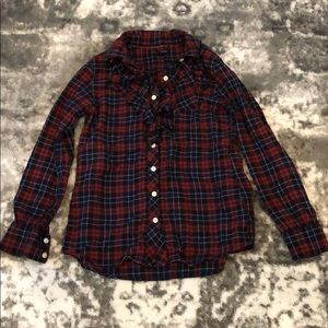 Banana Republic Stretch Petite Plaid Ruffle Button